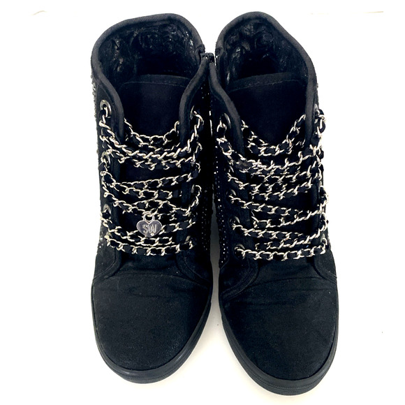 Stuart Weitzman Vance 15 Hidden Wedge Sneaker Kids Girl 4 Black Silver Chain - Picture 5 of 11